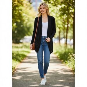 August Silk Womens Black Open Front Draped Shawl Collar Cardigan Sweater Size M